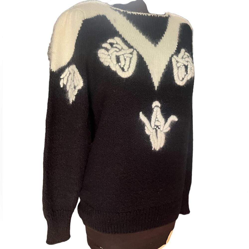 Vtg 80s Angora Old Money Floral Puff Shoulder Glam Pearl Embellished Sweater M
